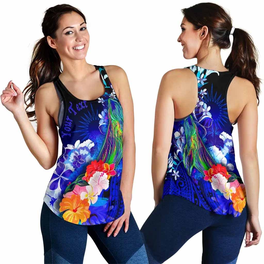 Marshall Islands Custom Personalised Women Racerback Tank - Humpback Whale with Tropical Flowers (Blue)