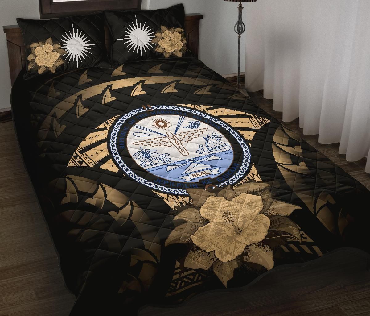 Marshall Islands Polynesian Quilt Bed Set Hibiscus Gold