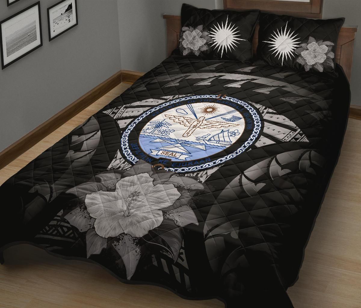 Marshall Islands Polynesian Quilt Bed Set Hibiscus Gray