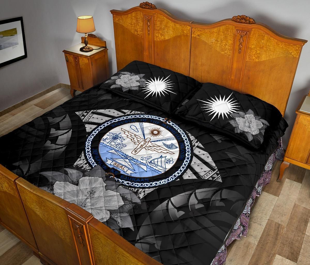 Marshall Islands Polynesian Quilt Bed Set Hibiscus Gray