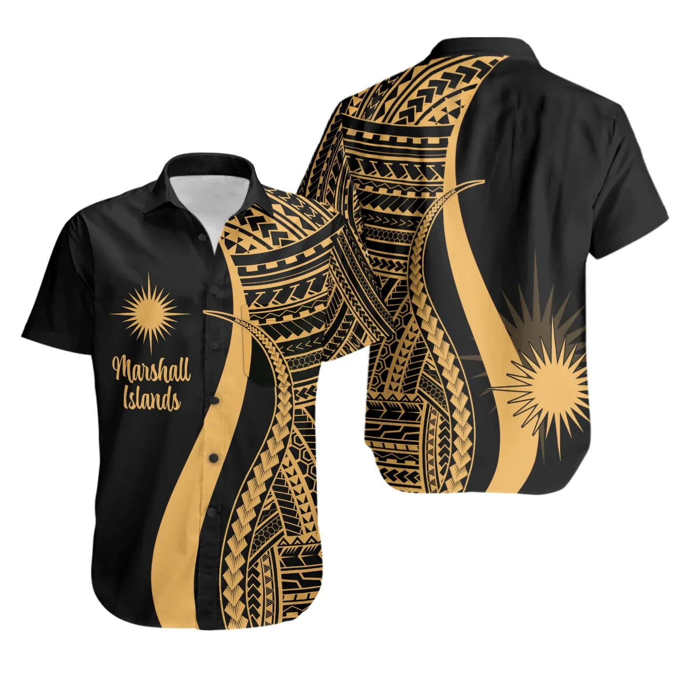 Marshall Islands Short Sleeve Shirt - Gold Polynesian Tentacle Tribal Pattern