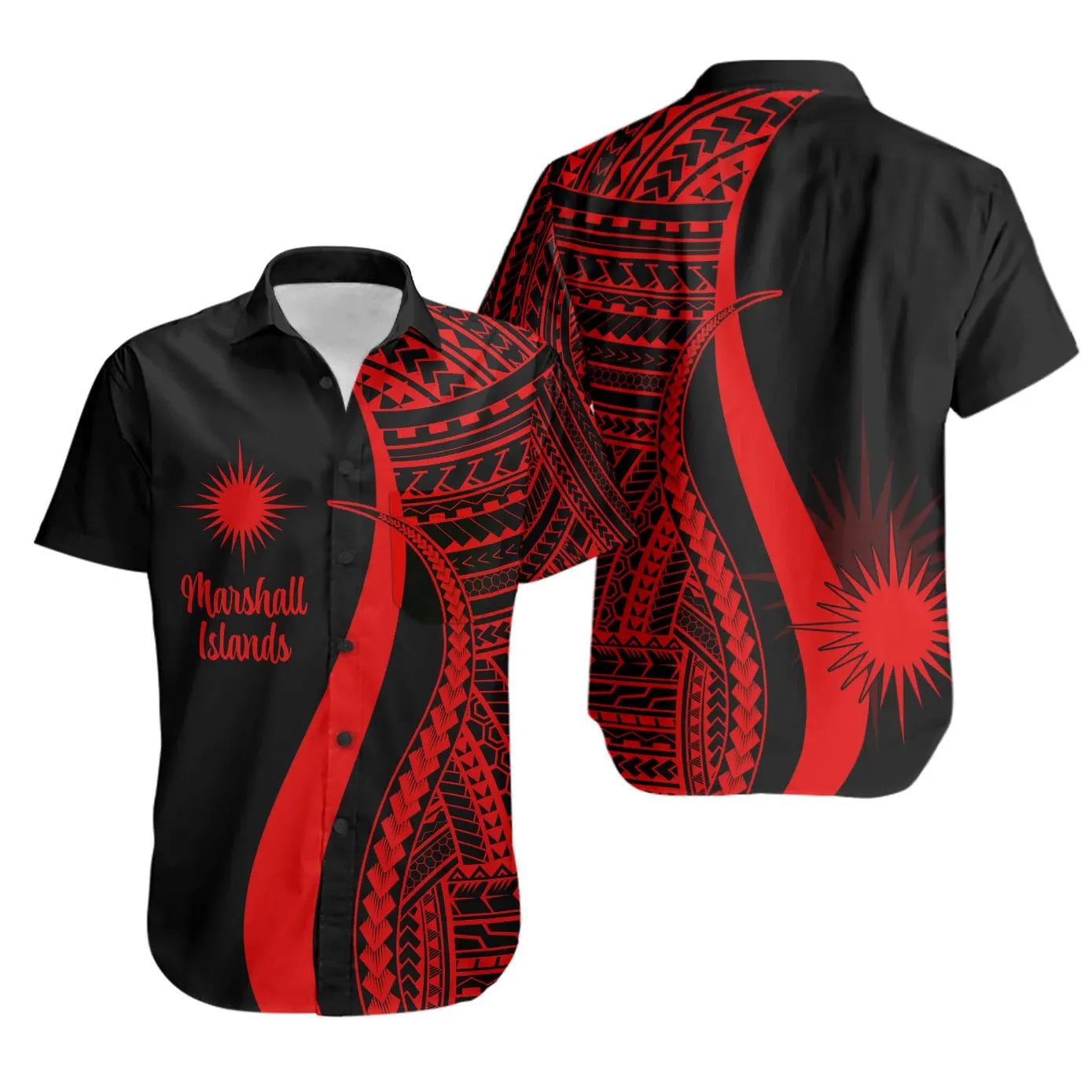 Marshall Islands Short Sleeve Shirt - Red Polynesian Tentacle Tribal Pattern