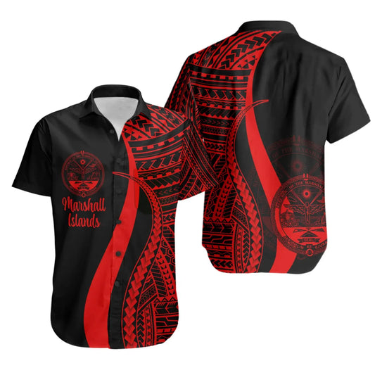Marshall Islands Short Sleeve Shirt - Red Polynesian Tentacle Tribal Pattern Crest
