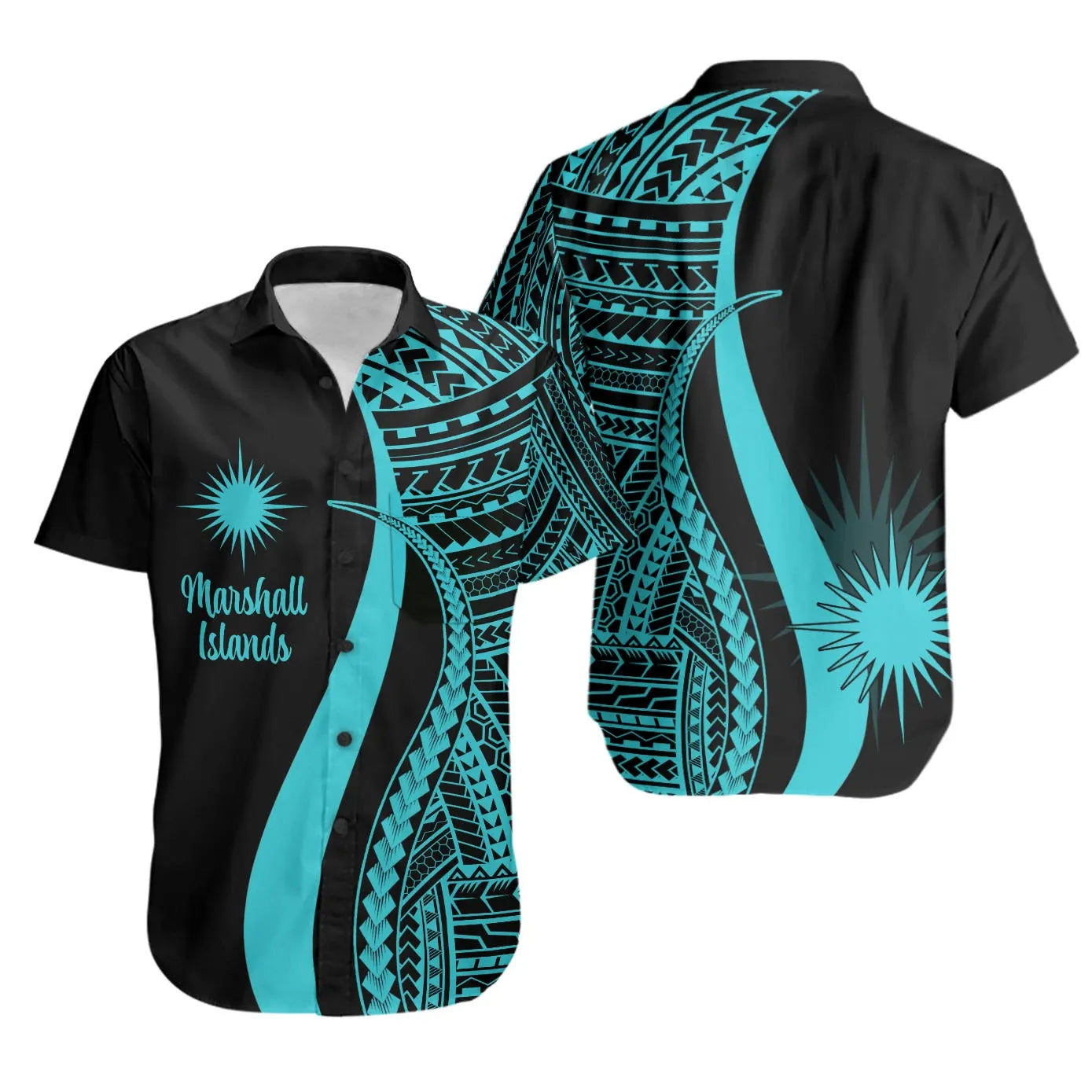 Marshall Islands Short Sleeve Shirt - Turquoise Polynesian Tentacle Tribal Pattern