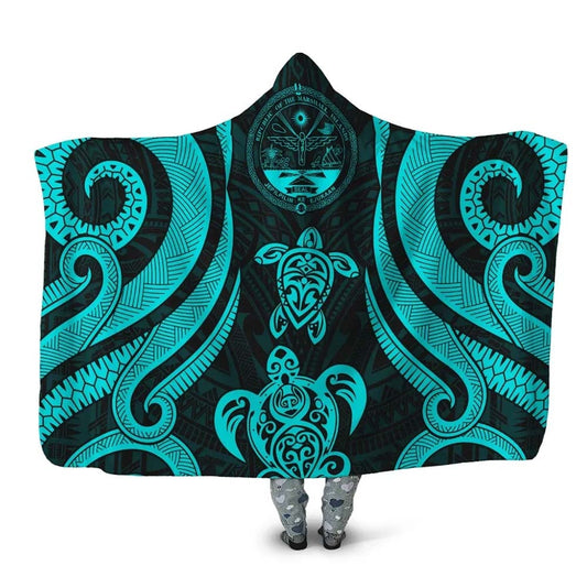 Marshall Islands Hooded Blanket - Turquoise Tentacle Turtle Crest