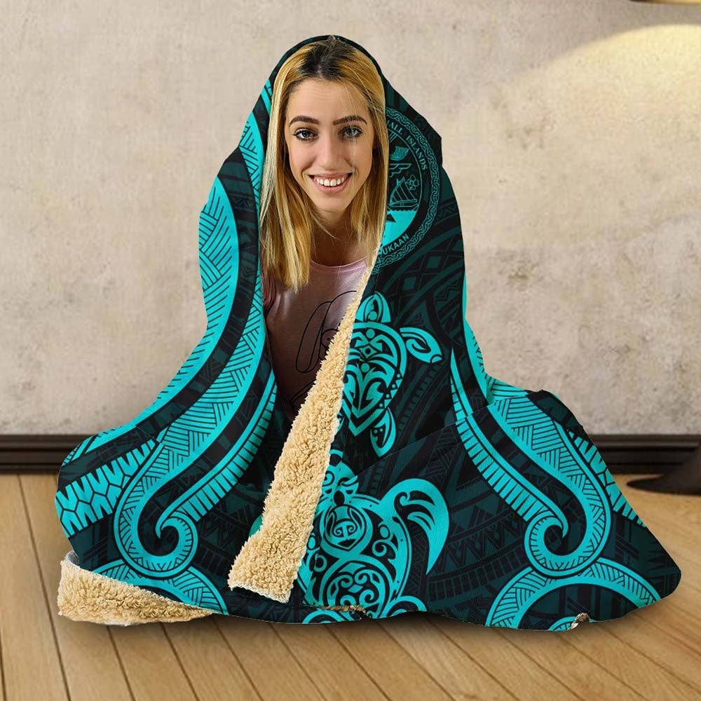 Marshall Islands Hooded Blanket - Turquoise Tentacle Turtle Crest
