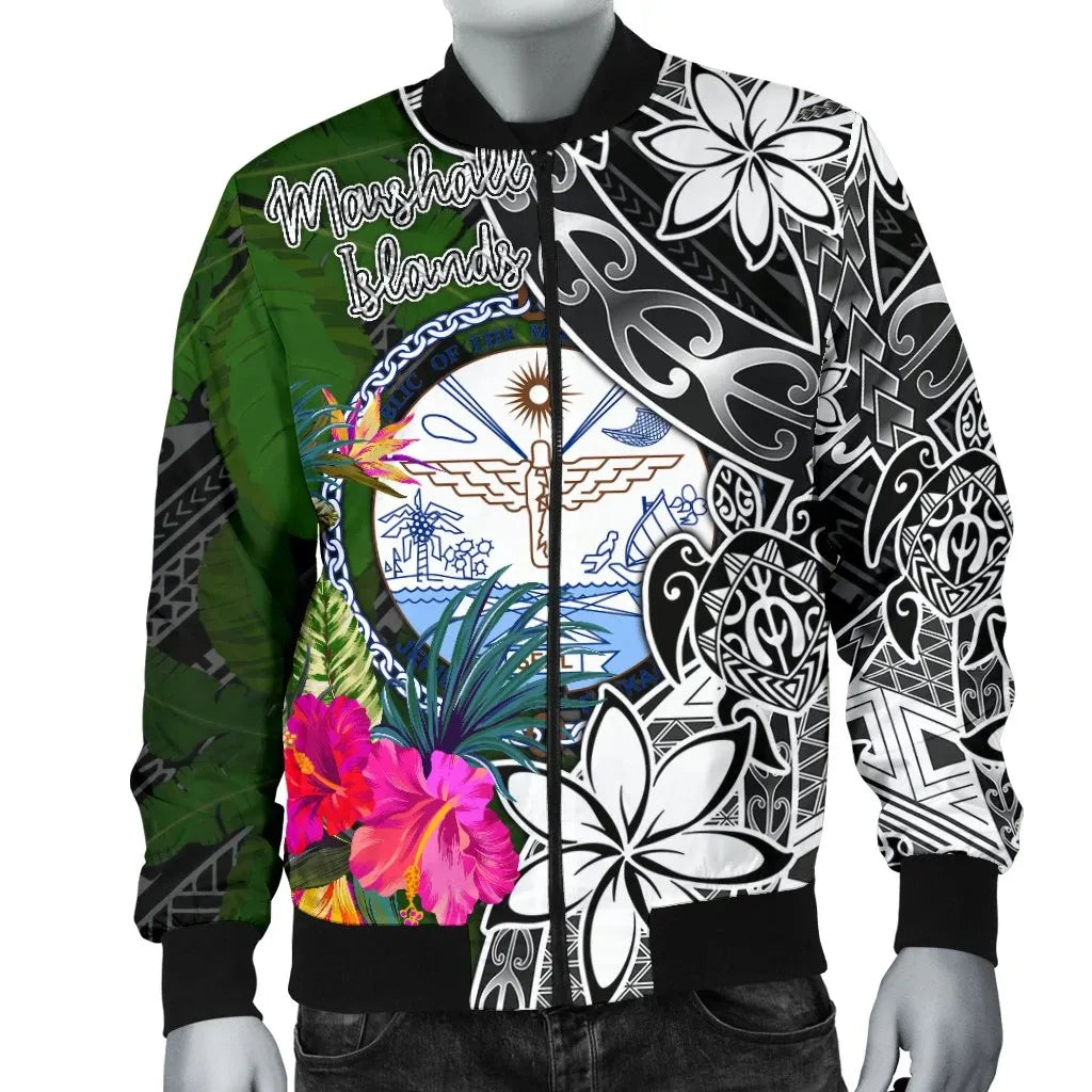 Marshall Islands Bomber Jacket - Turtle Plumeria Banana Leaf Crest