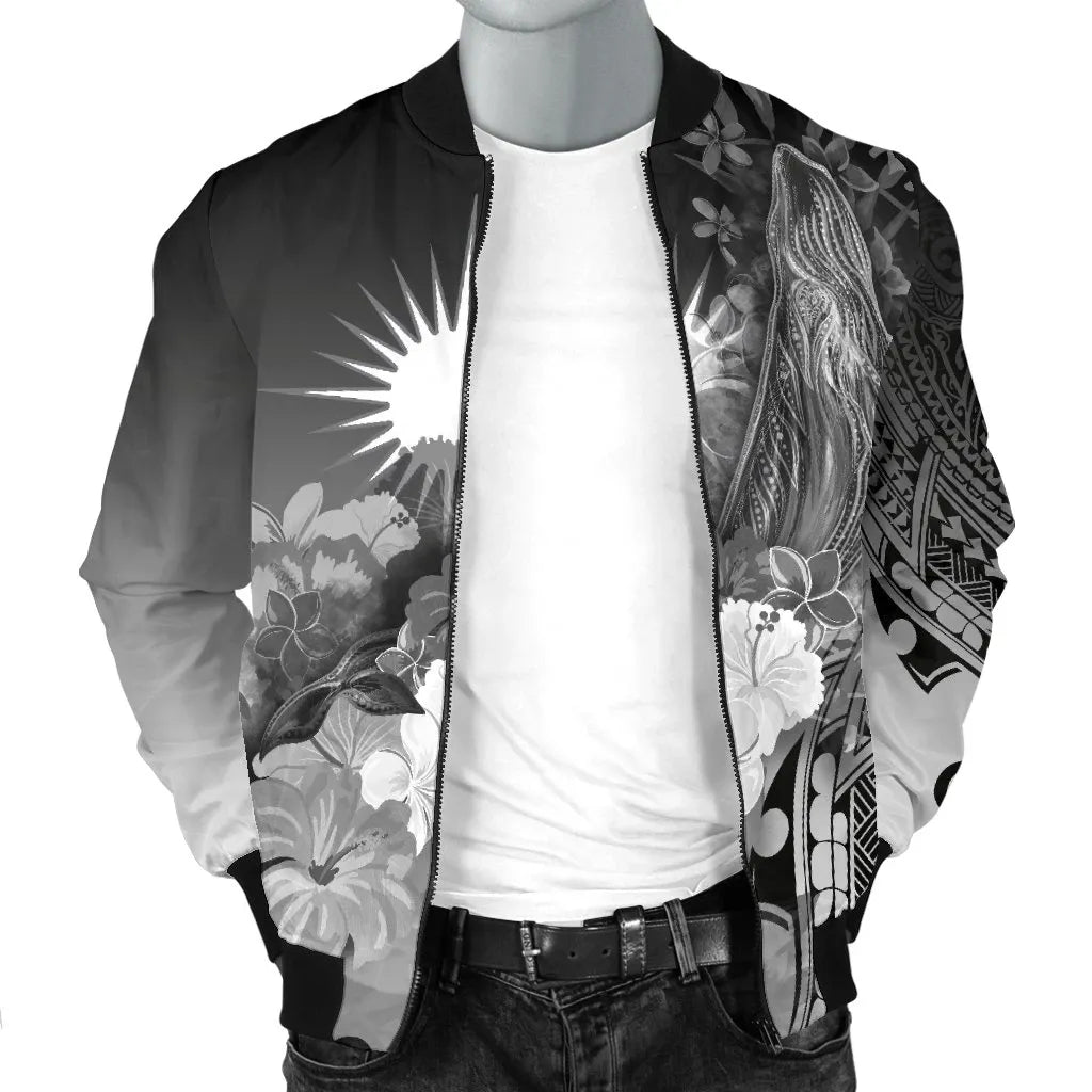 Marshall Islands Bomber Jacket - Humpback Whale with Tropical Flowers (White)