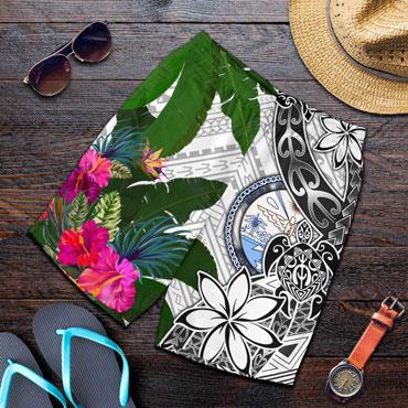 Marshall Islands Men Short White - Turtle Plumeria Banana Leaf Crest
