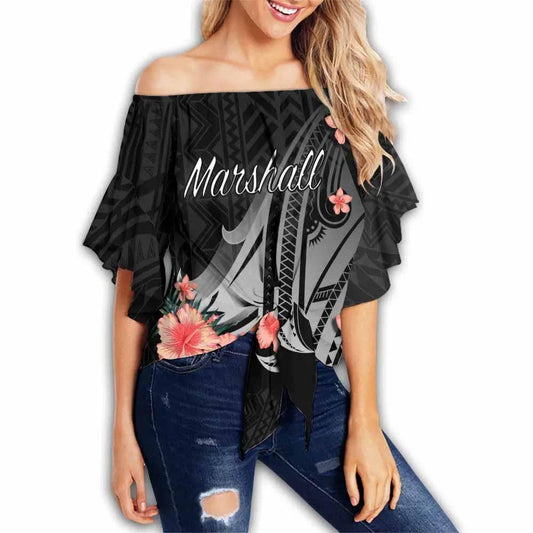 Marshall Islands Off Shoulder Wrap Waist Top - Polynesian Hibiscus Pattern Style