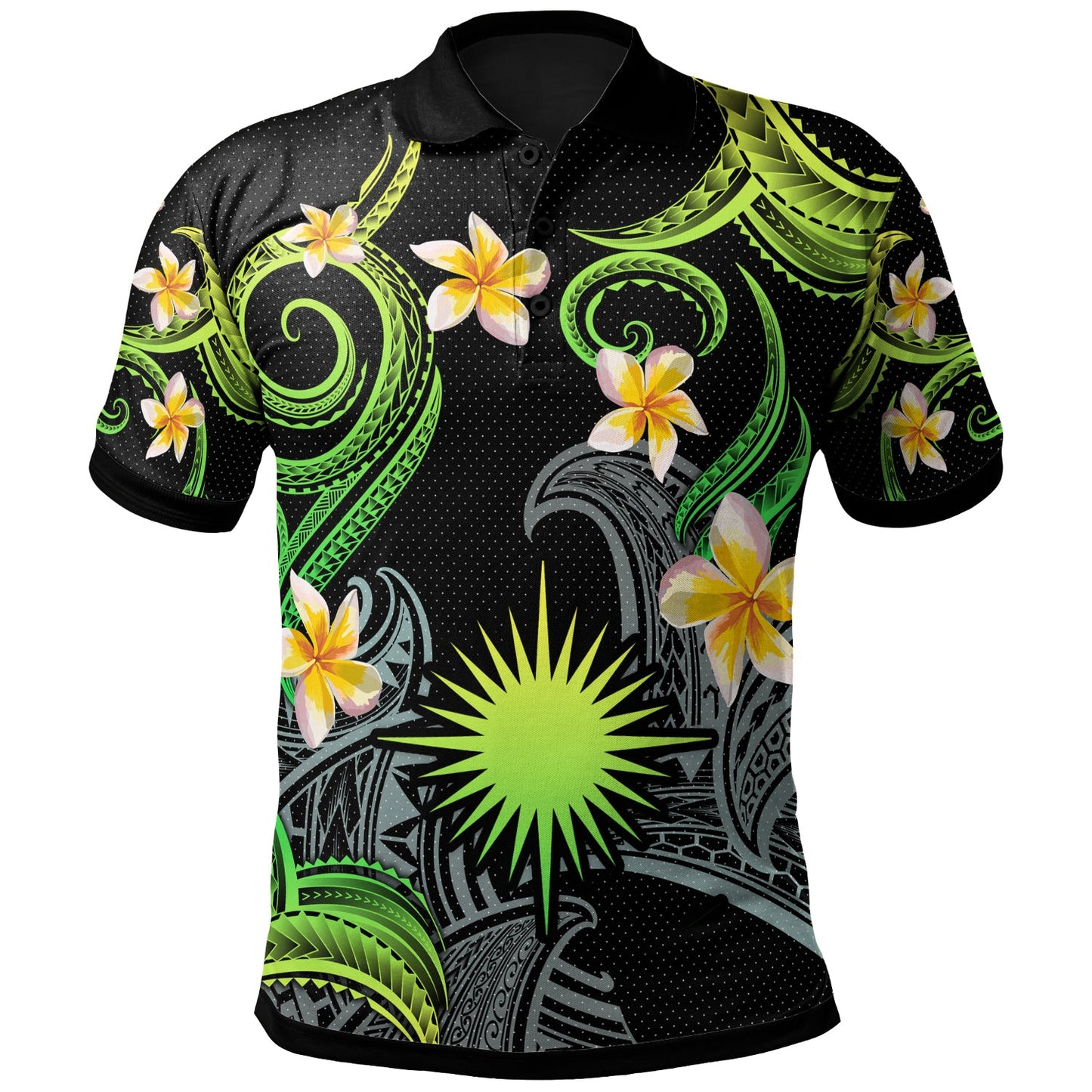 Marshall Islands Polo Shirt - Custom Personalised Polynesian Waves with Plumeria Flowers (Green)