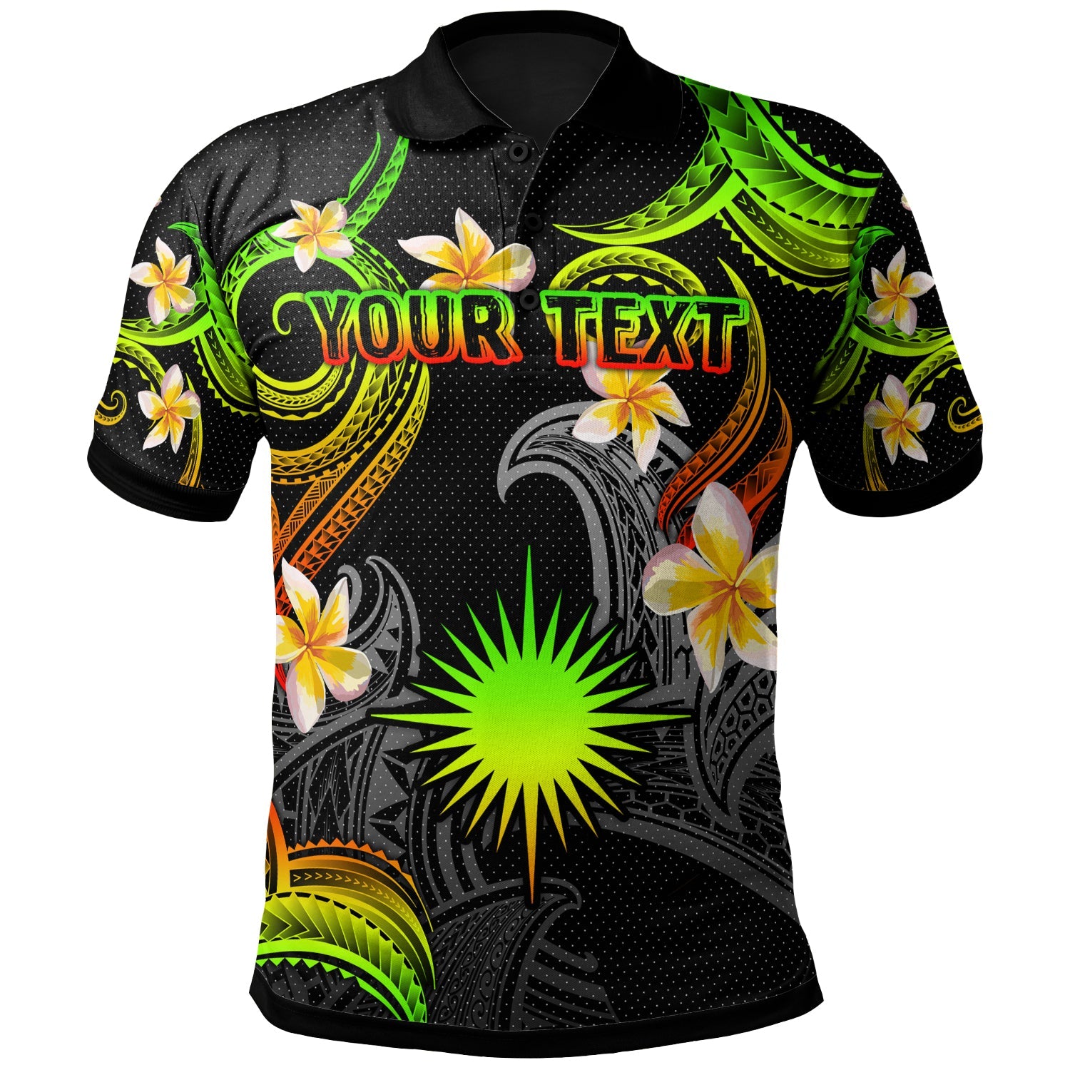 Marshall Islands Polo Shirt - Custom Personalised Polynesian Waves with Plumeria Flowers (Reggae)