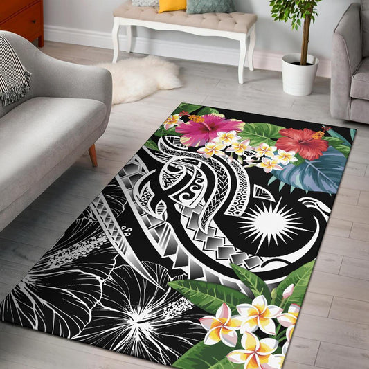 Marshall Islandss Polynesian Area Rug - Summer Plumeria (Black)