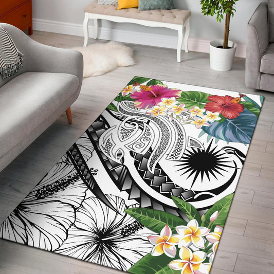 Marshall Islandss Polynesian Area Rug - Summer Plumeria (White)