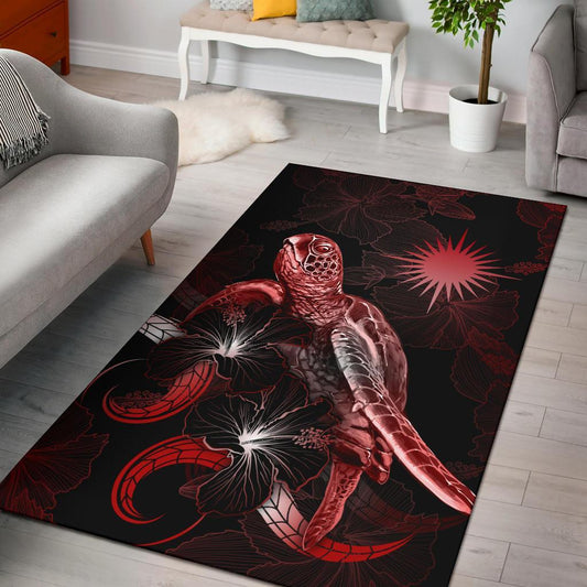 Marshall Islandss Polynesian Area Rugs - Turtle With Blooming Hibiscus Red