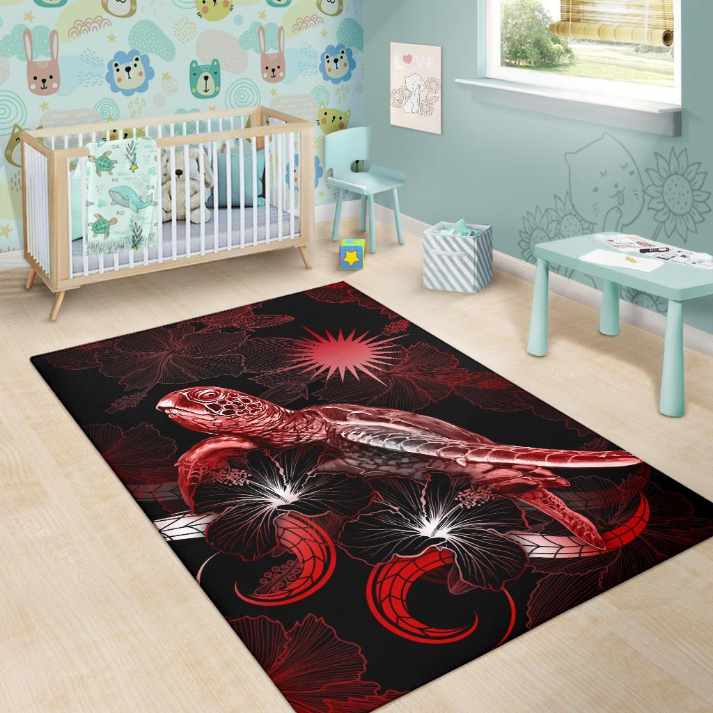 Marshall Islandss Polynesian Area Rugs - Turtle With Blooming Hibiscus Red
