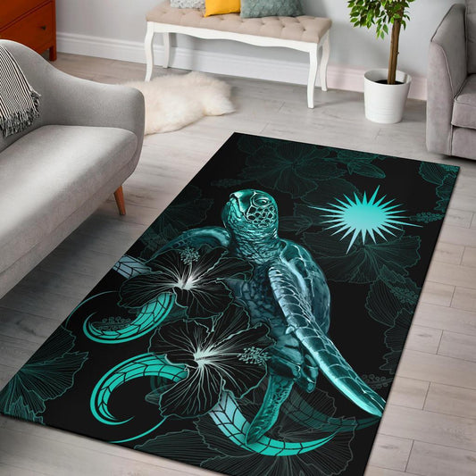 Marshall Islandss Polynesian Area Rugs - Turtle With Blooming Hibiscus Turquoise
