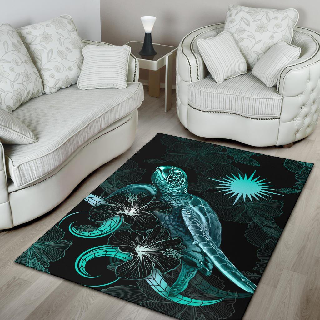 Marshall Islandss Polynesian Area Rugs - Turtle With Blooming Hibiscus Turquoise