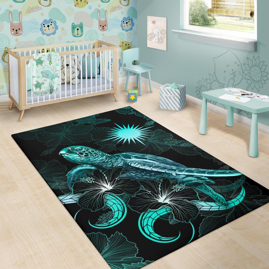 Marshall Islandss Polynesian Area Rugs - Turtle With Blooming Hibiscus Turquoise