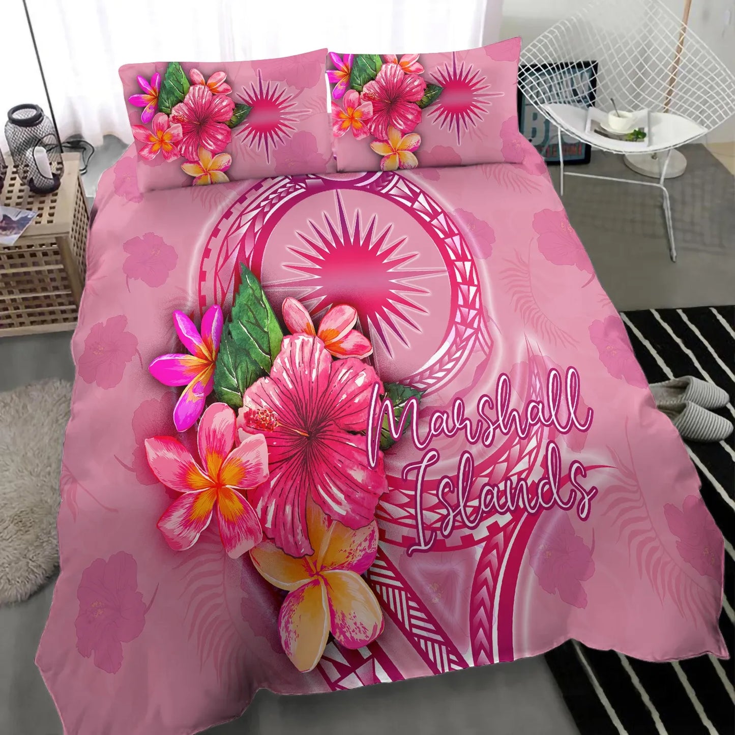 Marshall Islands Polynesian Bedding Set - Floral With Seal Pink