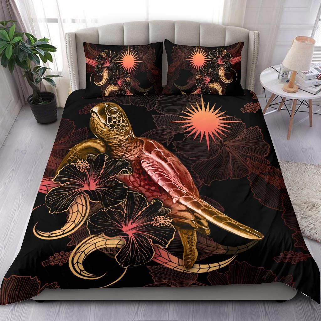 Marshall Islands Polynesian Bedding Set - Turtle With Blooming Hibiscus Gold