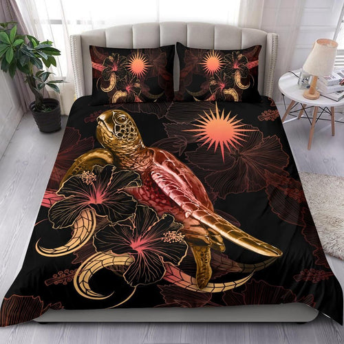 Marshall Islands Polynesian Bedding Set - Turtle With Blooming Hibiscus Gold