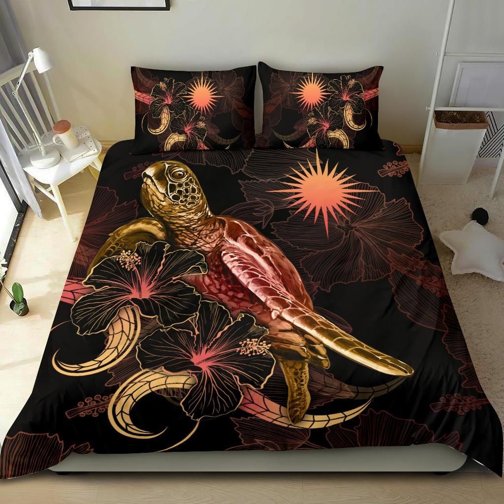 Marshall Islands Polynesian Bedding Set - Turtle With Blooming Hibiscus Gold