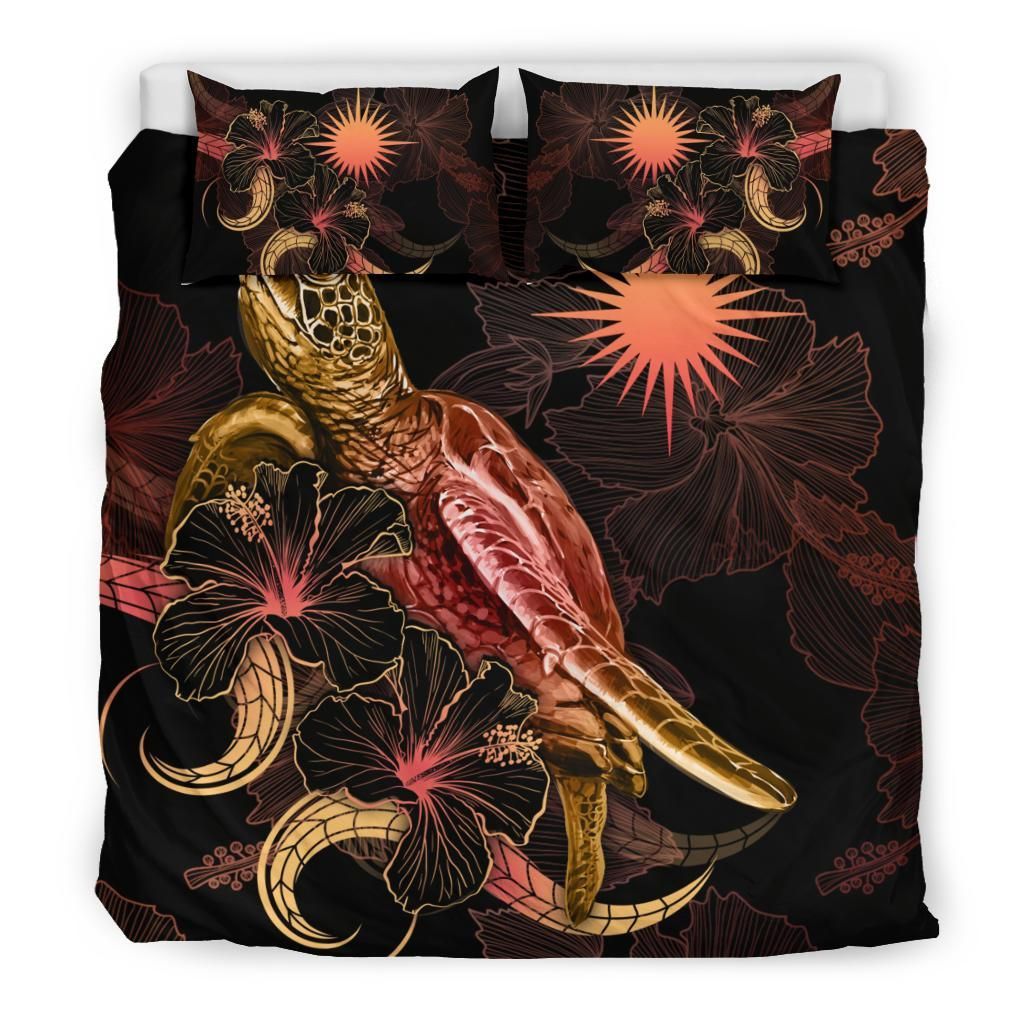 Marshall Islands Polynesian Bedding Set - Turtle With Blooming Hibiscus Gold