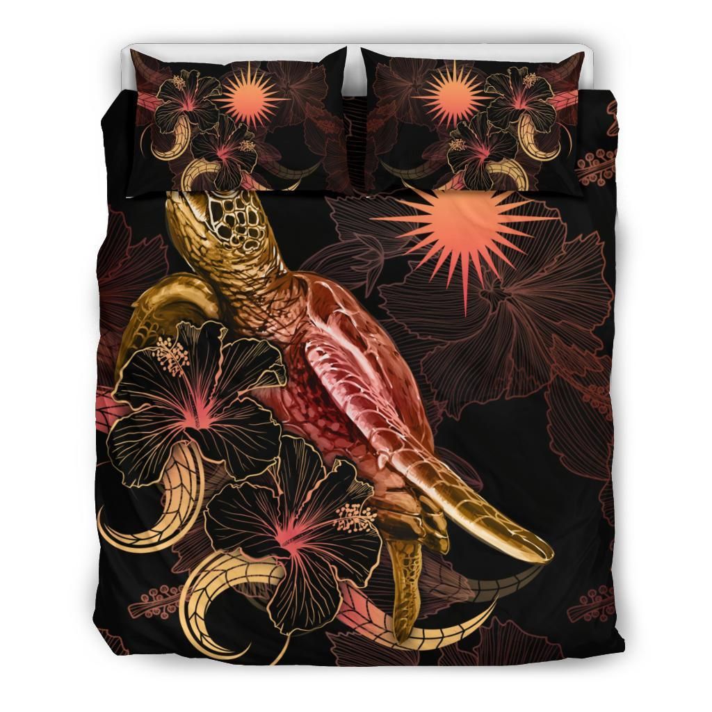 Marshall Islands Polynesian Bedding Set - Turtle With Blooming Hibiscus Gold