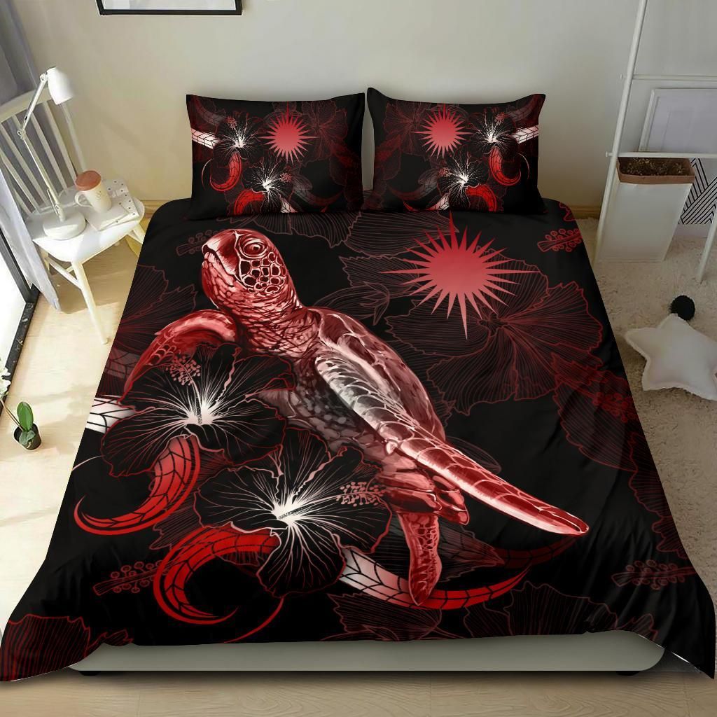 Marshall Islands Polynesian Bedding Set - Turtle With Blooming Hibiscus Red