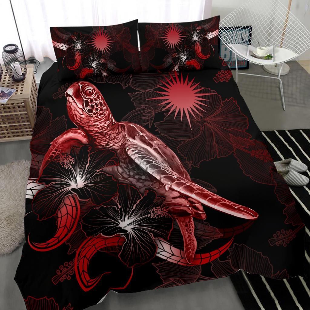 Marshall Islands Polynesian Bedding Set - Turtle With Blooming Hibiscus Red