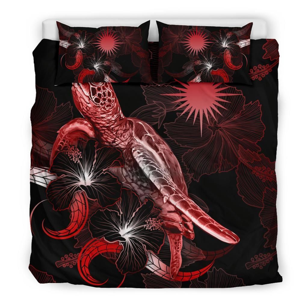Marshall Islands Polynesian Bedding Set - Turtle With Blooming Hibiscus Red