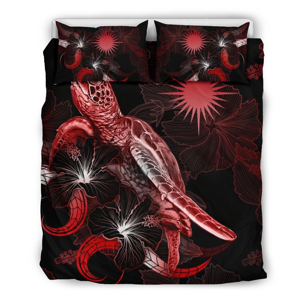 Marshall Islands Polynesian Bedding Set - Turtle With Blooming Hibiscus Red