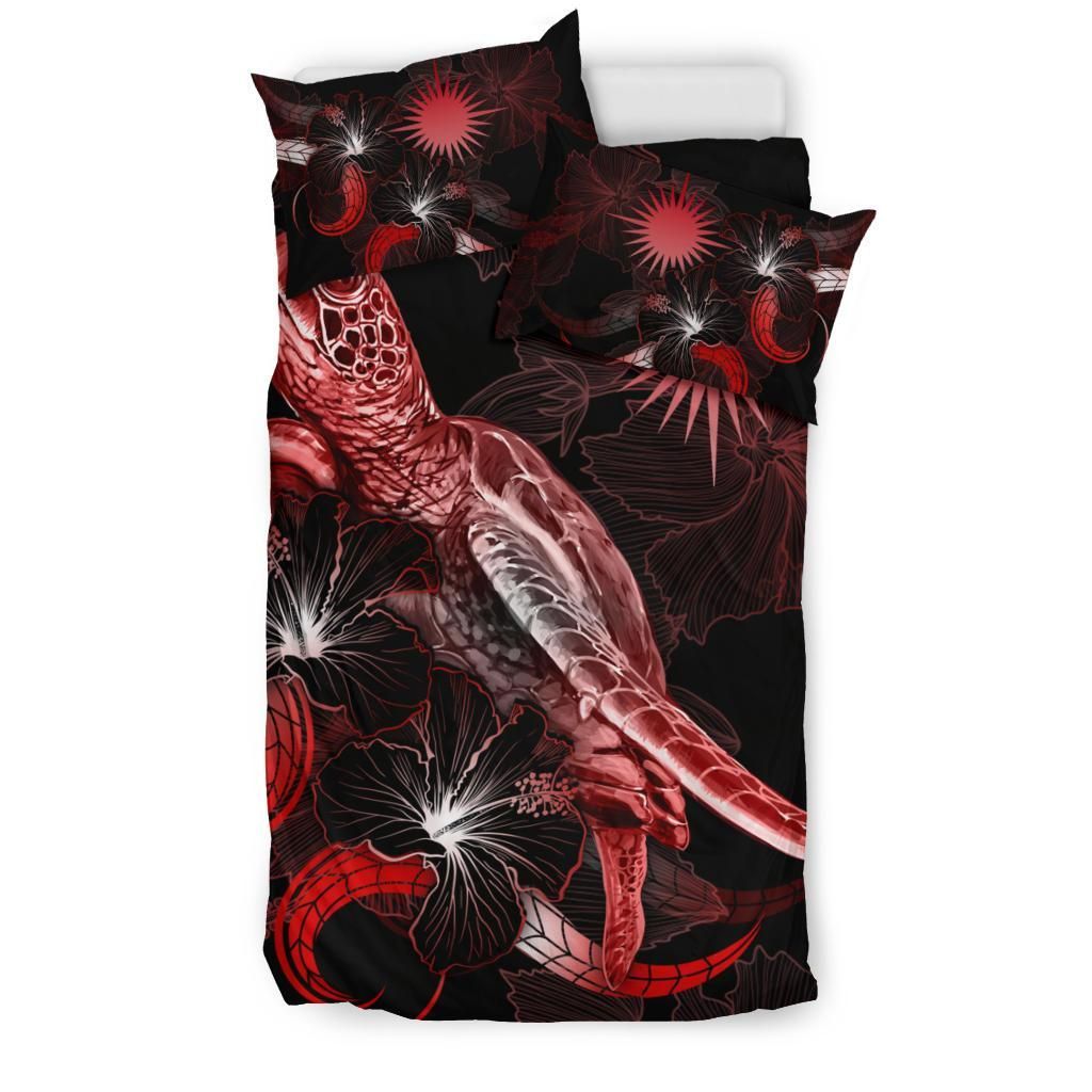 Marshall Islands Polynesian Bedding Set - Turtle With Blooming Hibiscus Red