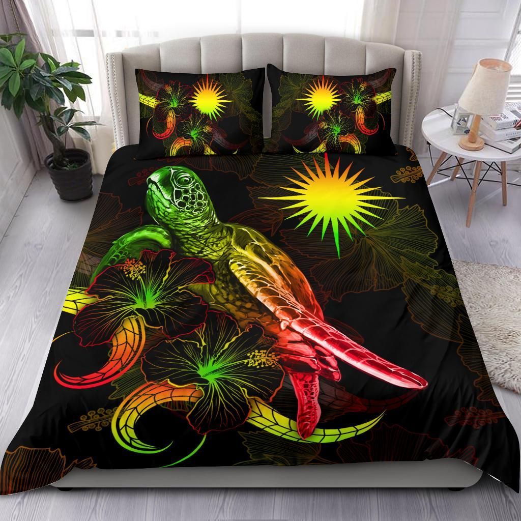 Marshall Islands Polynesian Bedding Set - Turtle With Blooming Hibiscus Reggae