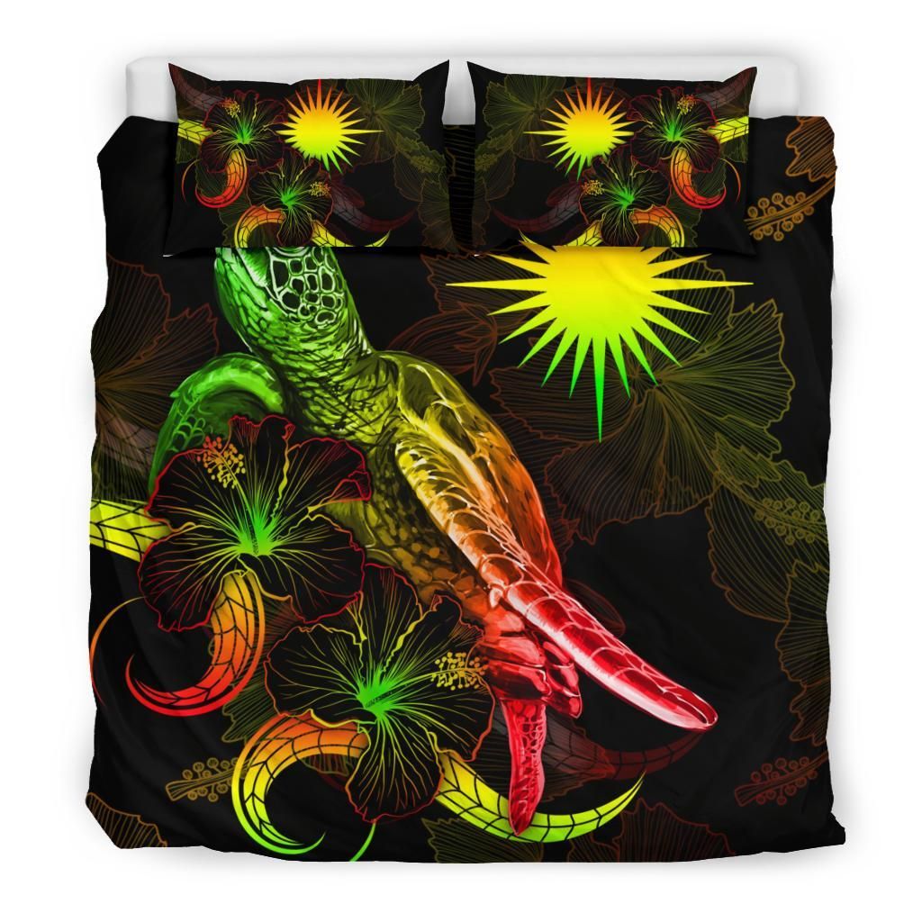 Marshall Islands Polynesian Bedding Set - Turtle With Blooming Hibiscus Reggae