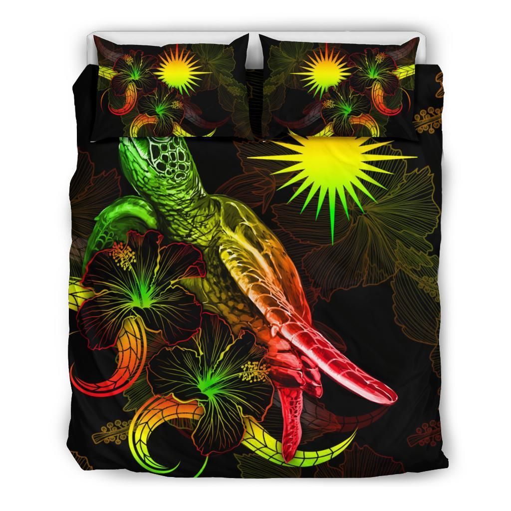 Marshall Islands Polynesian Bedding Set - Turtle With Blooming Hibiscus Reggae