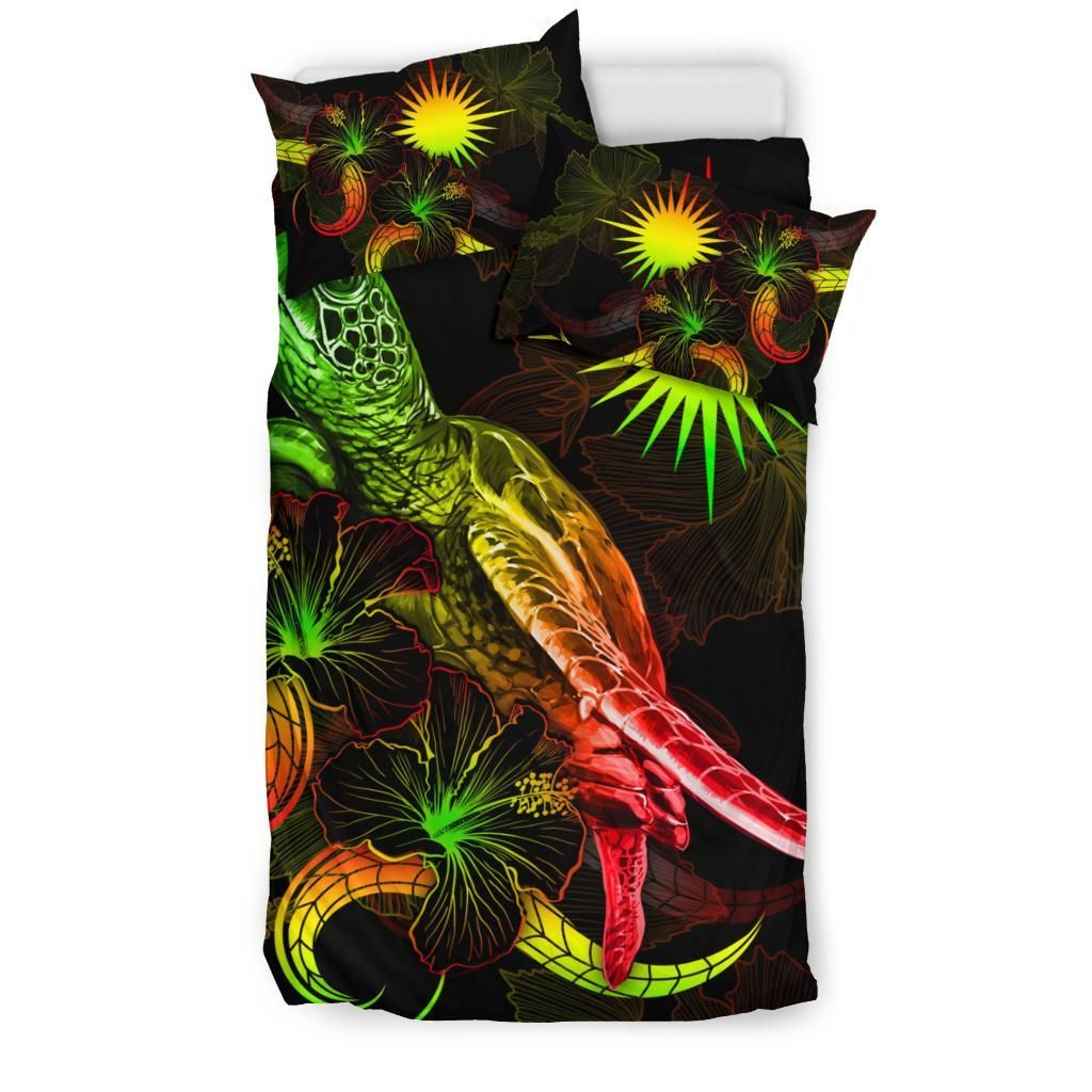 Marshall Islands Polynesian Bedding Set - Turtle With Blooming Hibiscus Reggae