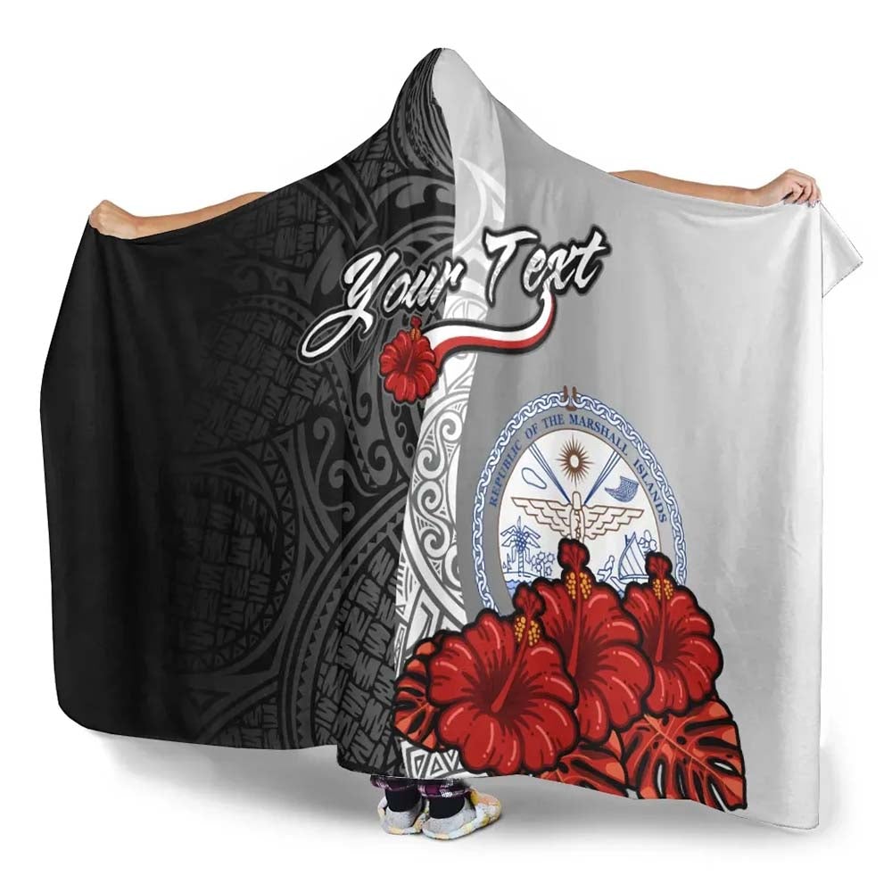 Marshall Islands Polynesian Custom Personalised Hooded Blanket- Coat Of Arm With Hibiscus White