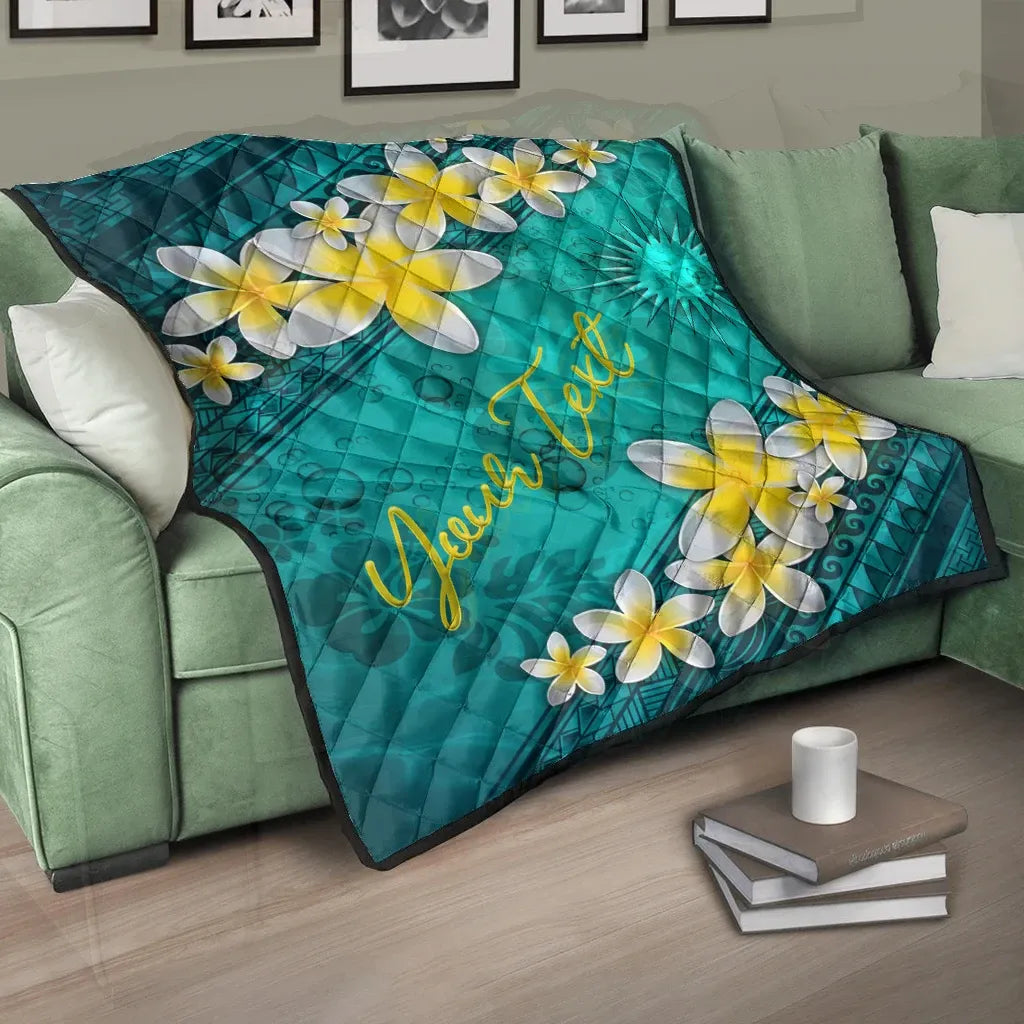 Marshall Islands Polynesian Custom Personalised Quilt - Plumeria With Blue Ocean