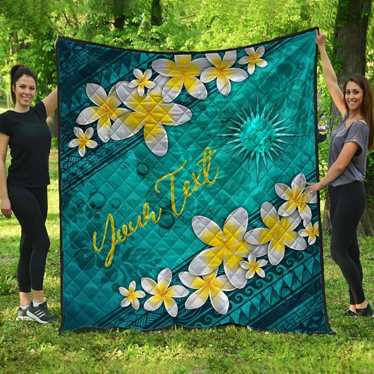Marshall Islands Polynesian Custom Personalised Quilt - Plumeria With Blue Ocean