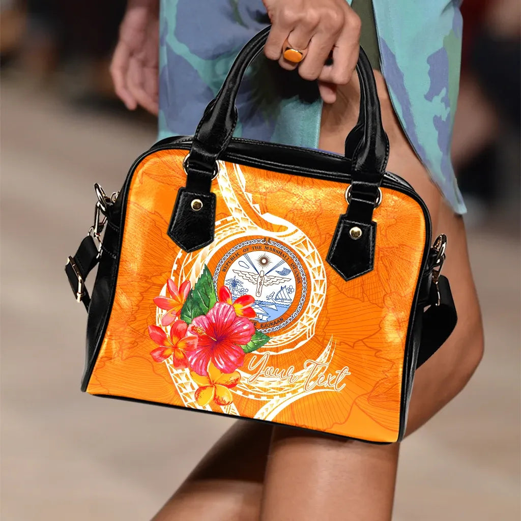 Marshall Islands Polynesian Custom Personalised Shoulder Handbag - Orange Floral With Seal