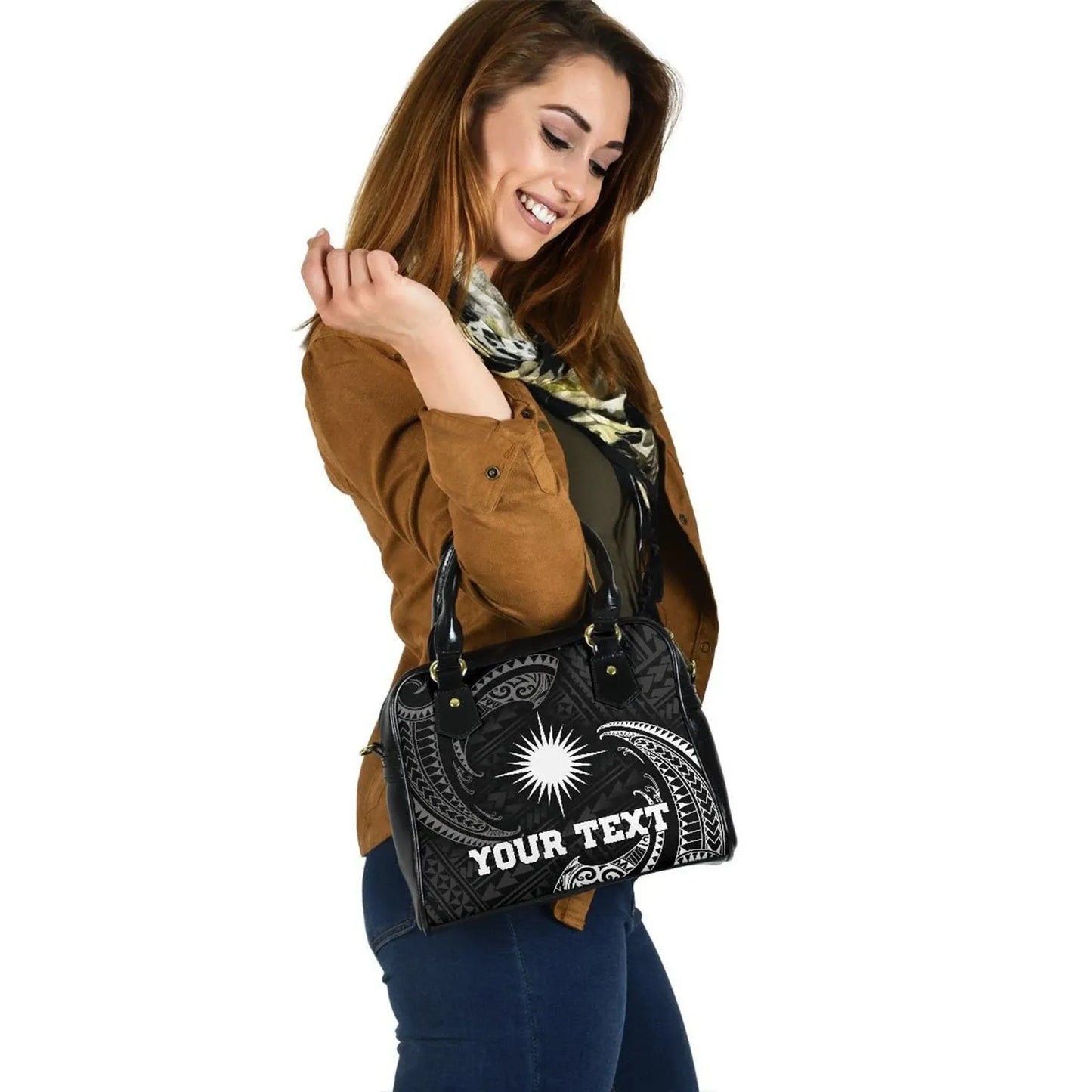 Marshall Islands Polynesian Custom Personalised Shoulder Handbag - White Tribal Wave