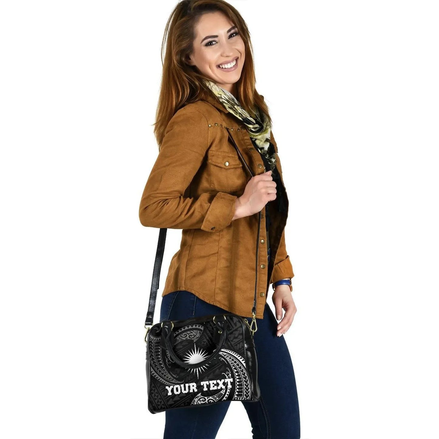 Marshall Islands Polynesian Custom Personalised Shoulder Handbag - White Tribal Wave