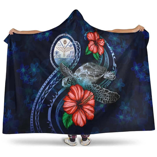 Marshall Islands Polynesian Hooded Blanket - Blue Turtle Hibiscus