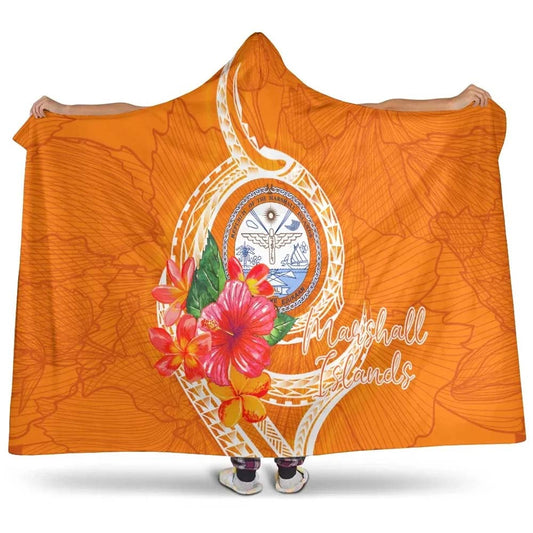 Marshall Islands Polynesian Hooded Blanket - Orange Floral With Seal