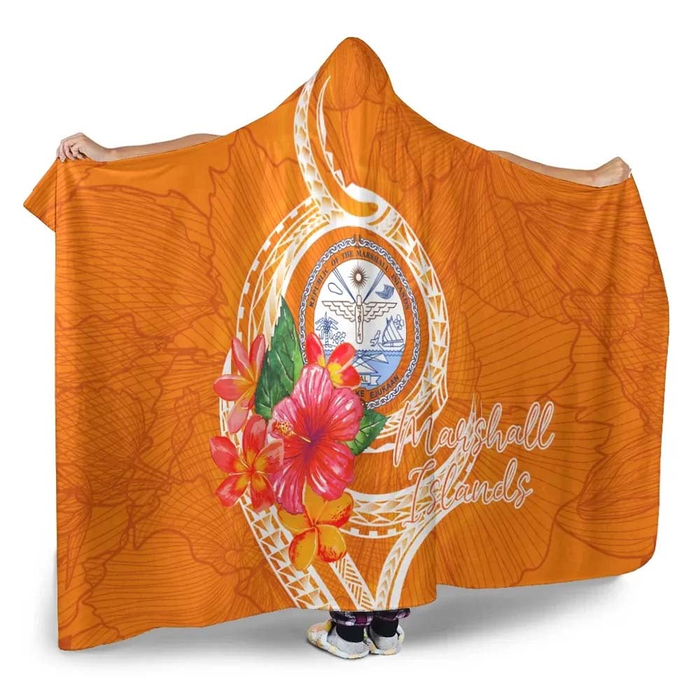 Marshall Islands Polynesian Hooded Blanket - Orange Floral With Seal