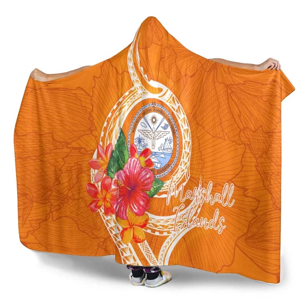 Marshall Islands Polynesian Hooded Blanket - Orange Floral With Seal