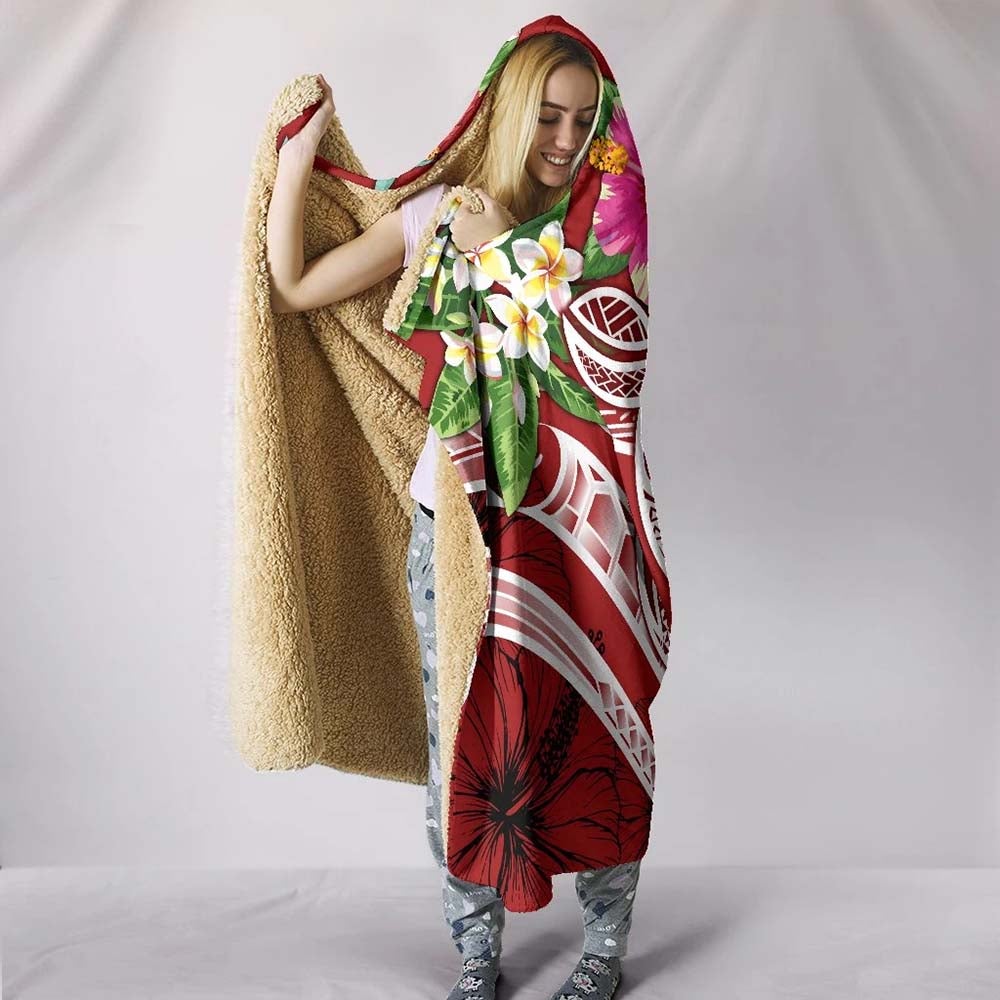 Marshall Islands Polynesian Hooded Blanket - Summer Plumeria (Red)
