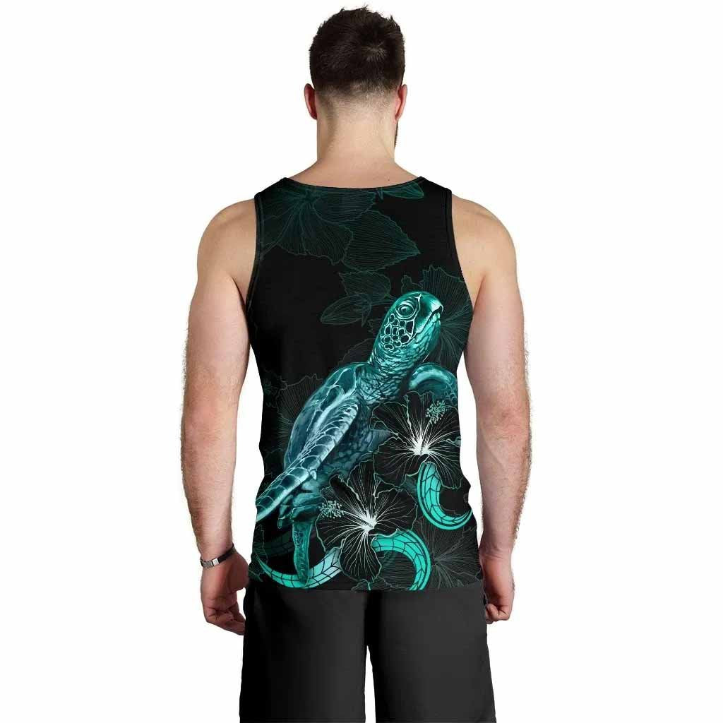 Marshall Islands Polynesian Men Tank Top - Turtle With Blooming Hibiscus Tuquoise